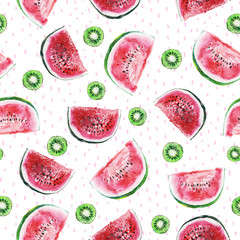 Tropical summer elements - watermelon slices and kiwi on the white dotted background. Watercolor hand painted seamless pattern. Tropical illustration. Summer foliage.