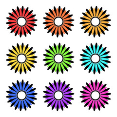 Set of nine abstract flowers with black and colored petals