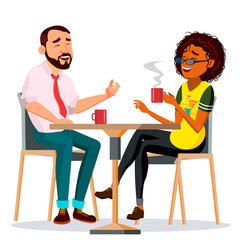 Couple In Restaurant Vector. Man And Woman. Sitting Together And Drinking Coffee. Lifestyle. Isolated Cartoon Illustration