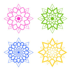Set of four abstract silhouettes of flowers of blue, pink, green, yellow.