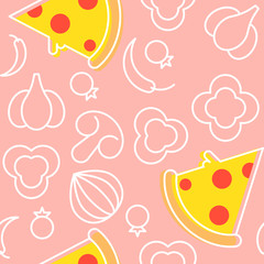 pizza and ingredients seamless pattern outline, such ad onion, tomato, bell pepper, garlic, outline