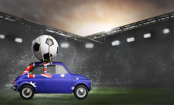 Australia flag on car delivering soccer or football ball at stadium