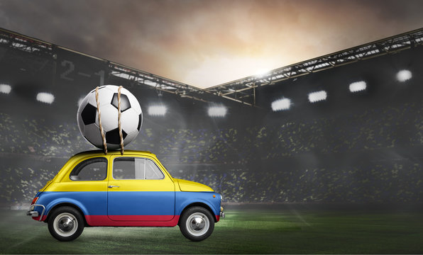 Colombia flag on car delivering soccer or football ball at stadium