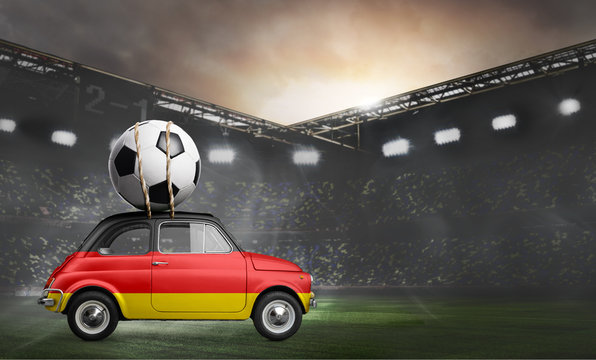 Germany flag on car delivering soccer or football ball at stadium