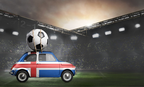 Iceland flag on car delivering soccer or football ball at stadium