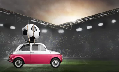 Tuinposter Voetbal Poland flag on car delivering soccer or football ball at stadium