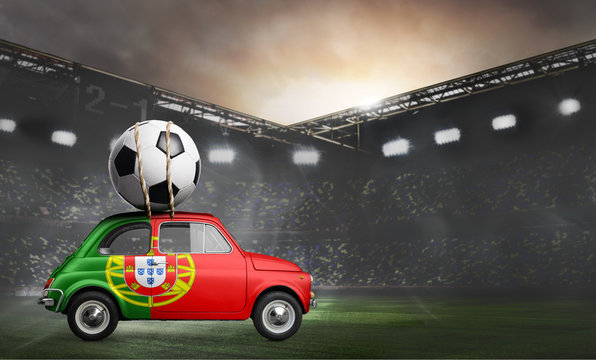 Portugal flag on car delivering soccer or football ball at stadium