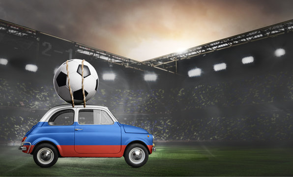 Russia flag on car delivering soccer or football ball at stadium