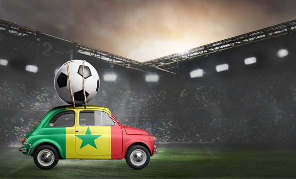 Senegal flag on car delivering soccer or football ball at stadium
