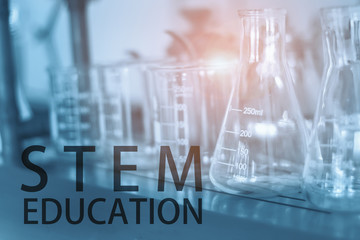 STEM education Laboratory beakers.Science experiment concept background.