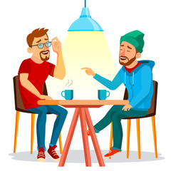 Two Man Friends Drinking Coffee Vector. Best Friends In Cafe. Sitting Together In Restaurant. Have Fun. Communication Breakfast Concept. Isolated Flat Cartoon Illustration