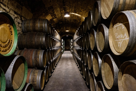 elciego, &Aacute;lava, Spain. April 23, 2018: Interior of the wine cellars called Marqu&eacute;s de Riscal with wine aging in oak barrels in dark stone underground
