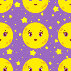 Seamless pattern of cartoon smiling moon with stars on purple background