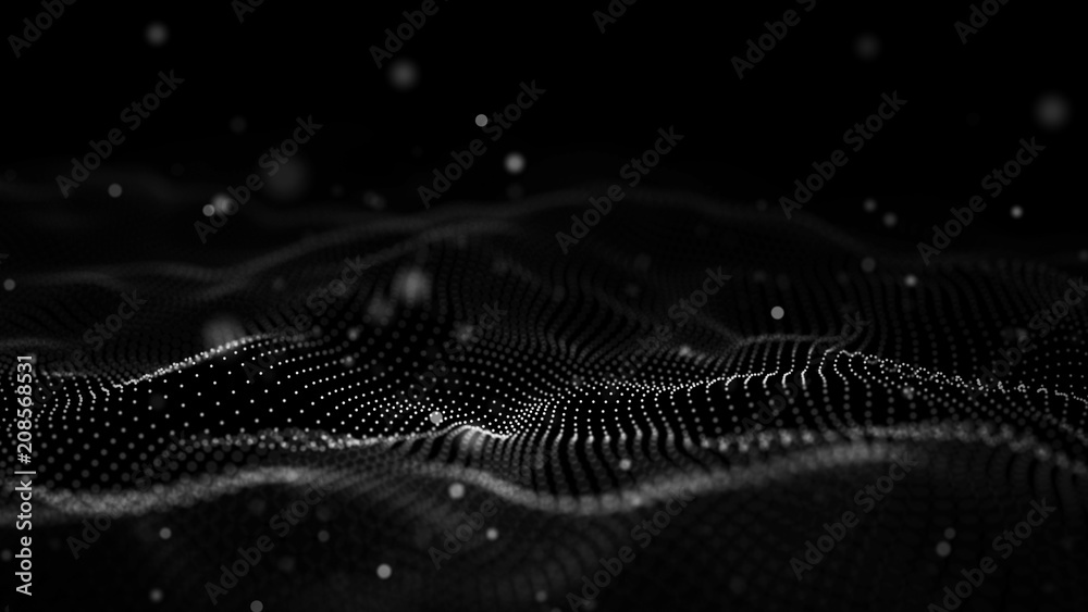 Poster Data technology illustration. Abstract futuristic background. Wave with connecting dots and lines on dark background. Wave of particles.