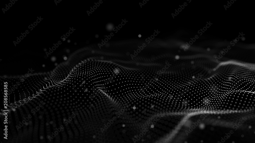 Poster Data technology illustration. Abstract futuristic background. Wave with connecting dots and lines on dark background. Wave of particles.