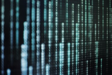 binary code data bit screen display on laptop computer screen. matrix of data flow. Rise of the big data AI age. artificial intelligence data transfer. Digital concept, high tech defocused blue light