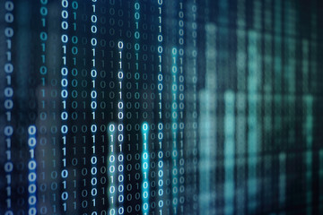 binary code data bit screen display on laptop computer screen. matrix of data flow. Rise of the big...
