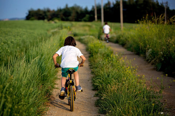 Naklejka premium Sporty children, boy brothers, riding bikes on a rural landscape together