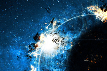 Blue star with flame in the universe, Illustration created by computer