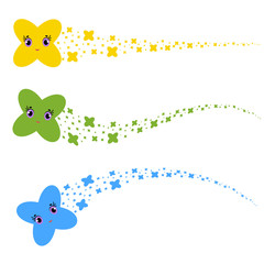 set of flat colored isolated stars of cartoons flying across the sky. Funny cute characters for decoration.