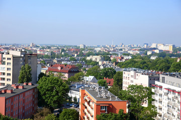 Fototapeta premium Panorama of the city of Lublin in Poland full of blocks and green trees. 