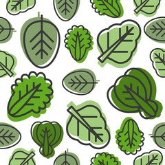 Seamless pattern of Vegetable leaves such as kale, spinach, lettuce outline and green shadow