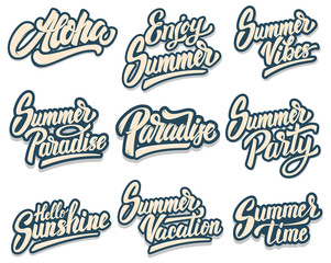 Set of summer lettering phrases. Aloha, paradise, summer party. Design element for poster, print, card, banner, flyer.