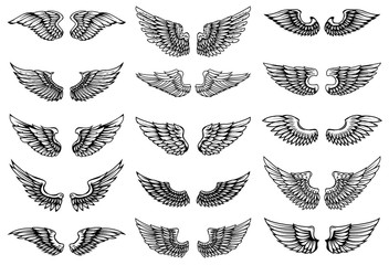 Set of bird wings illustrations in tattoo style. Design element for emblem, sign, logo, label.