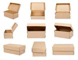 set of different Brown cardboard box with hand for packaging and delivery, isolated on white background