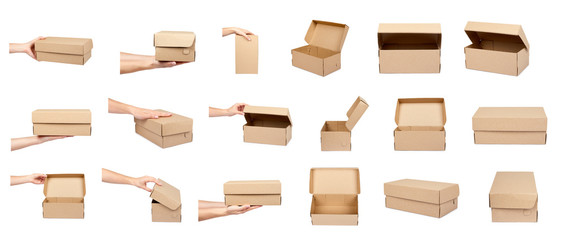 set of different Brown cardboard box with hand for packaging and delivery, isolated on white background