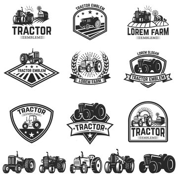 Set of tractor emblems. Design element for label, sign.