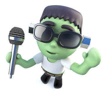 3d Funny cartoon frankenstein monster singing into a microphone