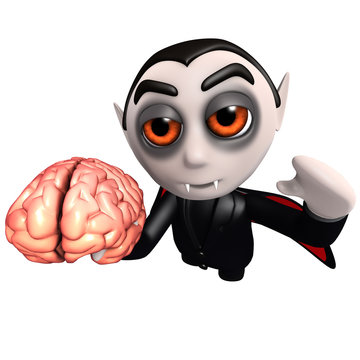 3d Funny cartoon dracula vampire character holding a human brain