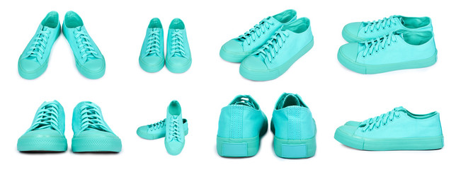 set of different Turquoise rubber sneakers, casual footwear isolated on white background