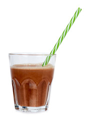 Glass of chocolate milk cocoa and straw isolated on white background