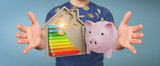 Businessman saving money with good energy chart rating 3D rendering
