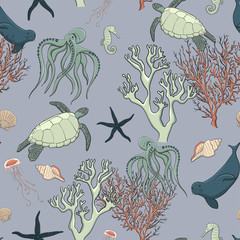 Seamless pattern sea life, vector