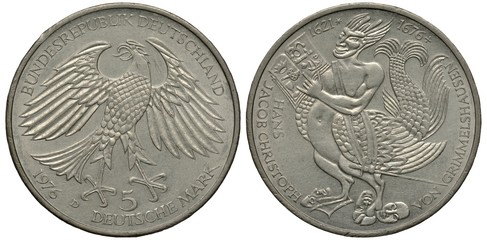 Germany German silver coin 5 five mark 1976, eagle, face value below, writer Hans von Grimmelhausen, fairy tale creature with mermaid tail, wings and sword, 