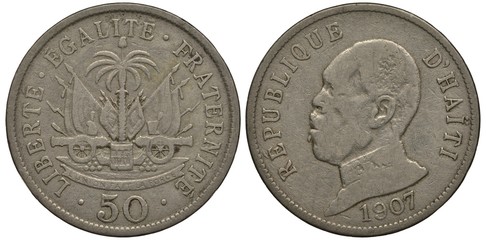 Haiti Haitian coin 50 fifty centimes 1907, motto liberty equality brotherhood, palm tree with cap...