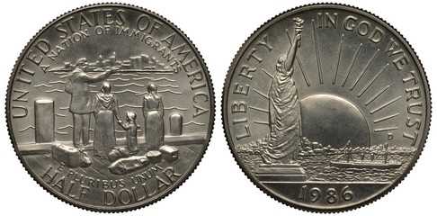 United States coin 1/2 half dollar 1986, Ellis Island, immigrants with luggage, city view, statue of Liberty, sun with rays, ship, 