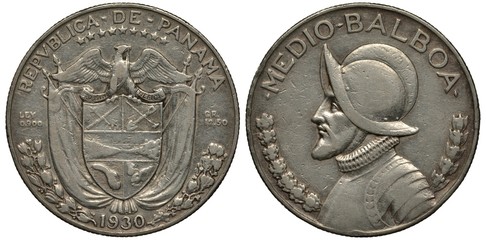 Panama silver coin 1/2 half balboa 1930, bust of Balboa in cuirass and helmet, arms, shield, flags, eagle, flanked by purity and weight,