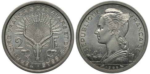 French Territories of Afars and Issas coin 2 two francs 1968, antelope head with horns, feathers above, fish and shell below, Liberty in Phrygian cap with wings, poet with ships behind, aluminum,