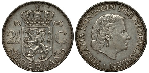 The Netherlands Dutch coin2-1/2 two and a half gulden 1964, shield with lion holding arrows and sword, crown on top, Queen Juliana head right, silver,