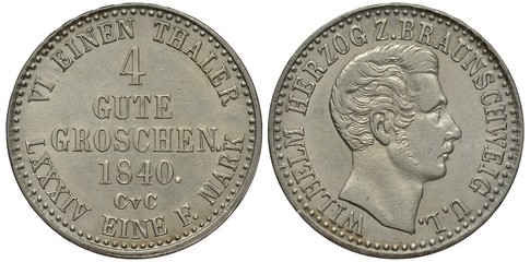 German Braunschweig Lüneburg silver coin 4 four gute groschen 1840, face value and date in center, Herzog Wilhelm head right, 