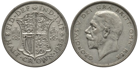 United Kingdom British silver coin 1/2 half crown 1936, shield with lions and Irish harp flanked by...