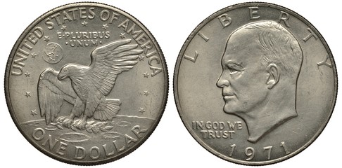 United States coin 1 one dollar 1971, eagle with laurel branch above lunar surface, Earth in the...