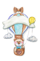 Teddy bear in a hot air balloon. Watercolor children's illustration can be used for baby shower card, birthday card or for newborn poster. 