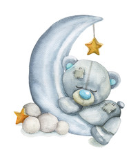 Watercolor sleeping gray bear on the moon. Illustration of a sleeping bear cub. Can be used for baby shower card, birthday card or for newborn poster. © Olha