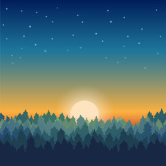 Pine forest landscape at sunset with sun and stars.