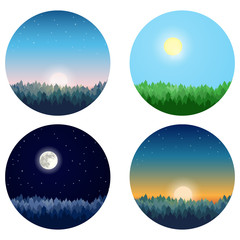 Vector set of forest landscapes: pine forest at sunset, sunrise, day and night.